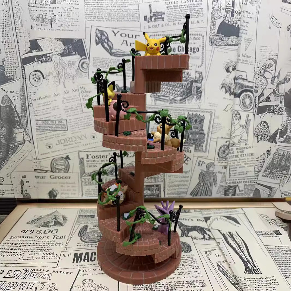 Pokemon Retro Spiral Brick Staircase Multi‑Character Diorama Statue
